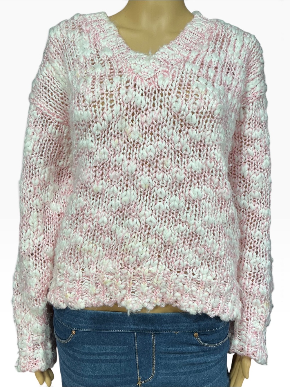Soft Hand Knit Women's Pink and White V-Neck Puff Sleeve Sweater